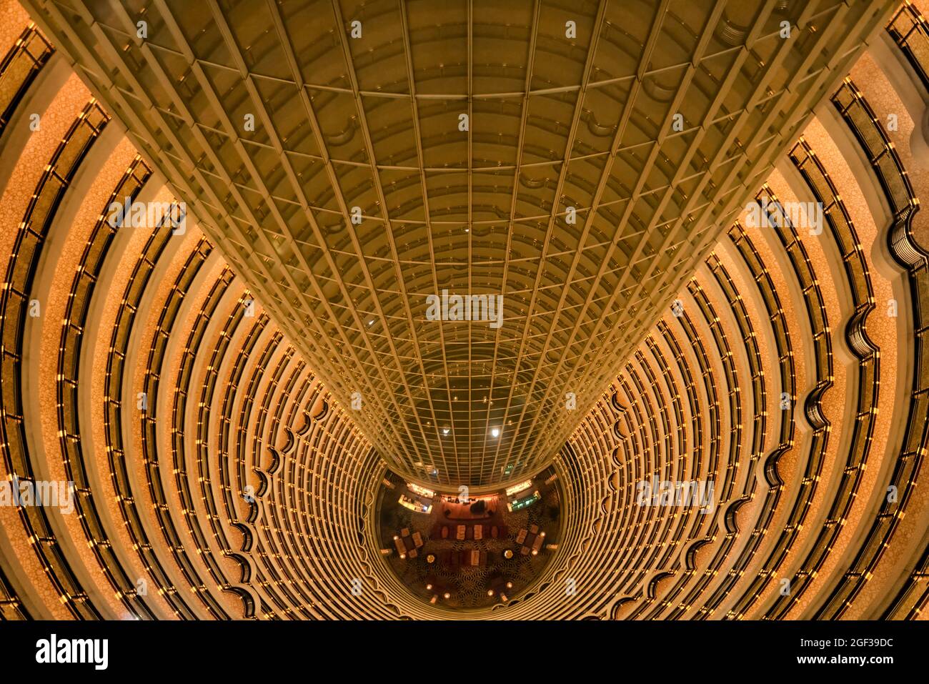 Shanghai, China - August 17, 2011: View from above of the spectacular atrium of the Grand Hyatt hotel in the Jin Mao Tower Stock Photo