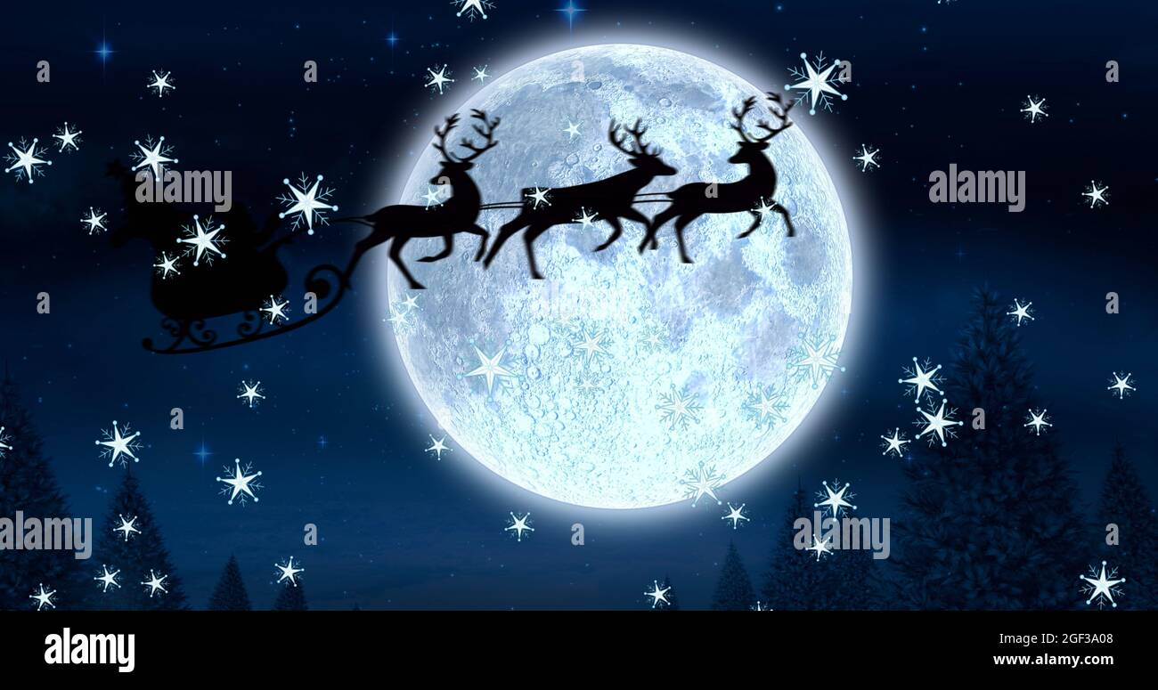 Image of silhouette of santa claus in sleigh being pulled by reindeer ...