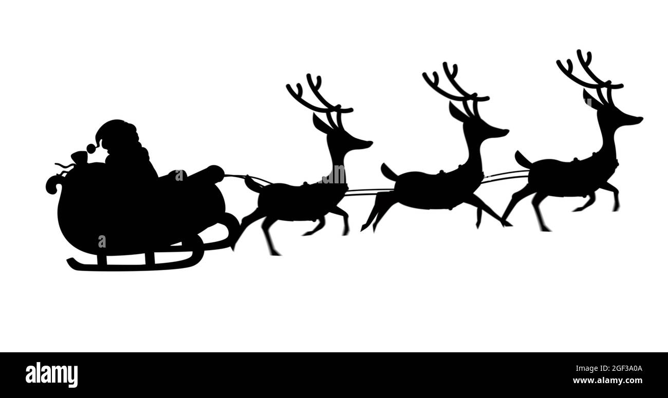 Digital image of black silhouette of santa claus in sleigh being pulled ...