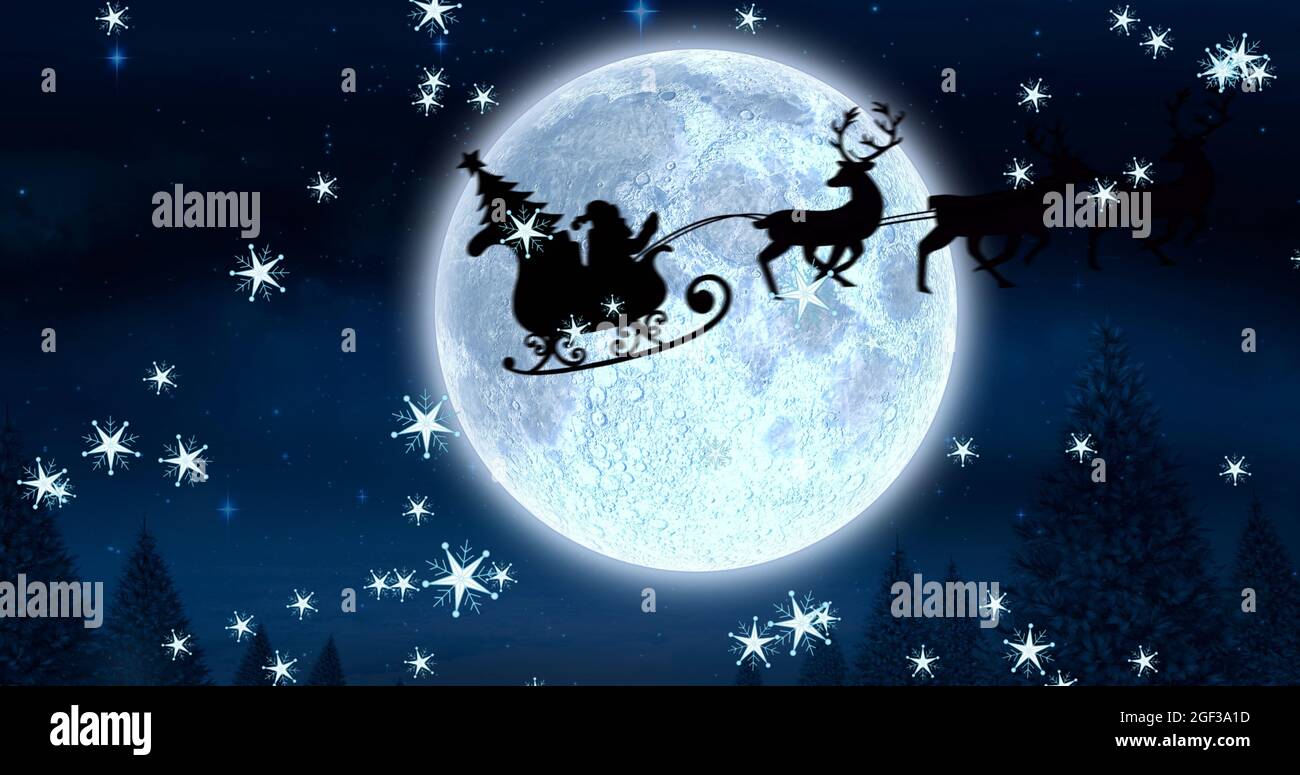 Image of silhouette of santa claus in sleigh being pulled by reindeer ...