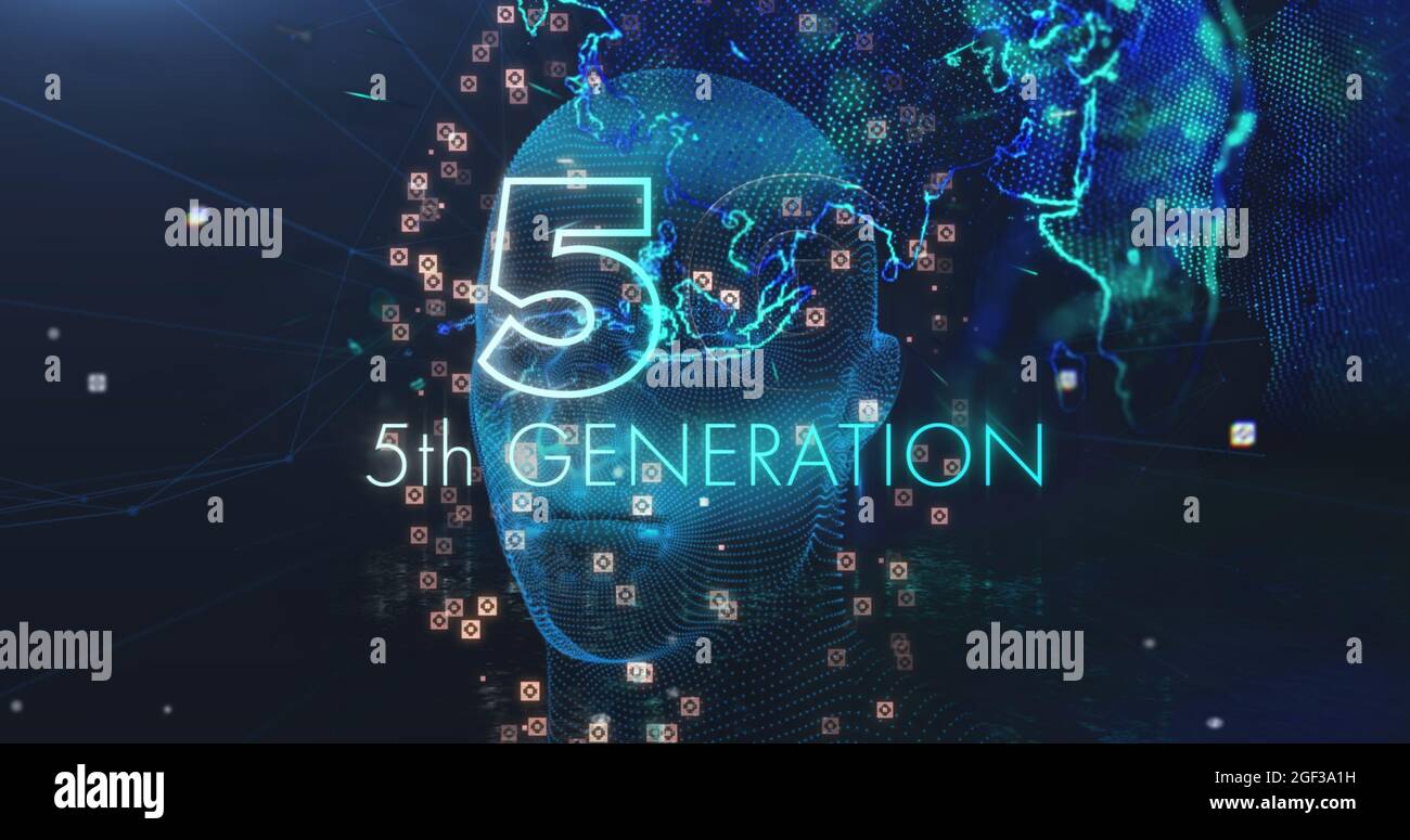 Image of 5g 5th generation text over human head spinning and globe in ...