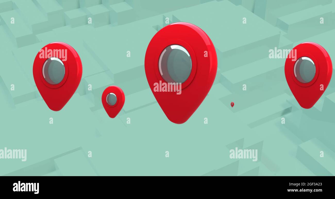 GPS location markers floating against moving blocks on white background  Stock Photo - Alamy