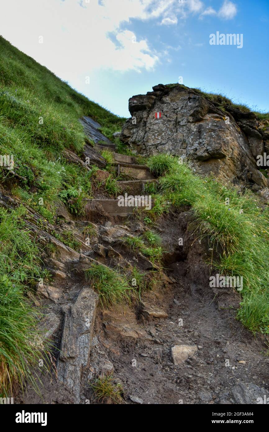 Weg, Wanderweg, Gletscherweg, Pasterze, Großglockner, Bergwandern, Treppe, Stufen, klettern, Stein, Fels, steil, rutschig, feucht, Gebirge, Bergsteige Stock Photo