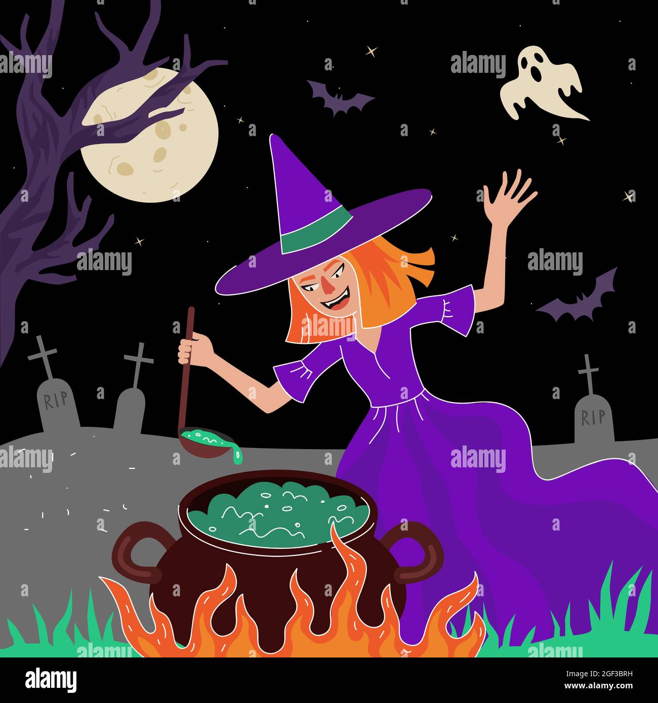 Happy Halloween holiday square design greeting card. Witch cooking magic poisonous in cauldron in moonlight night cemetery. All Saints Day celebration eve. Evil fairy vector invitation Stock Vector
