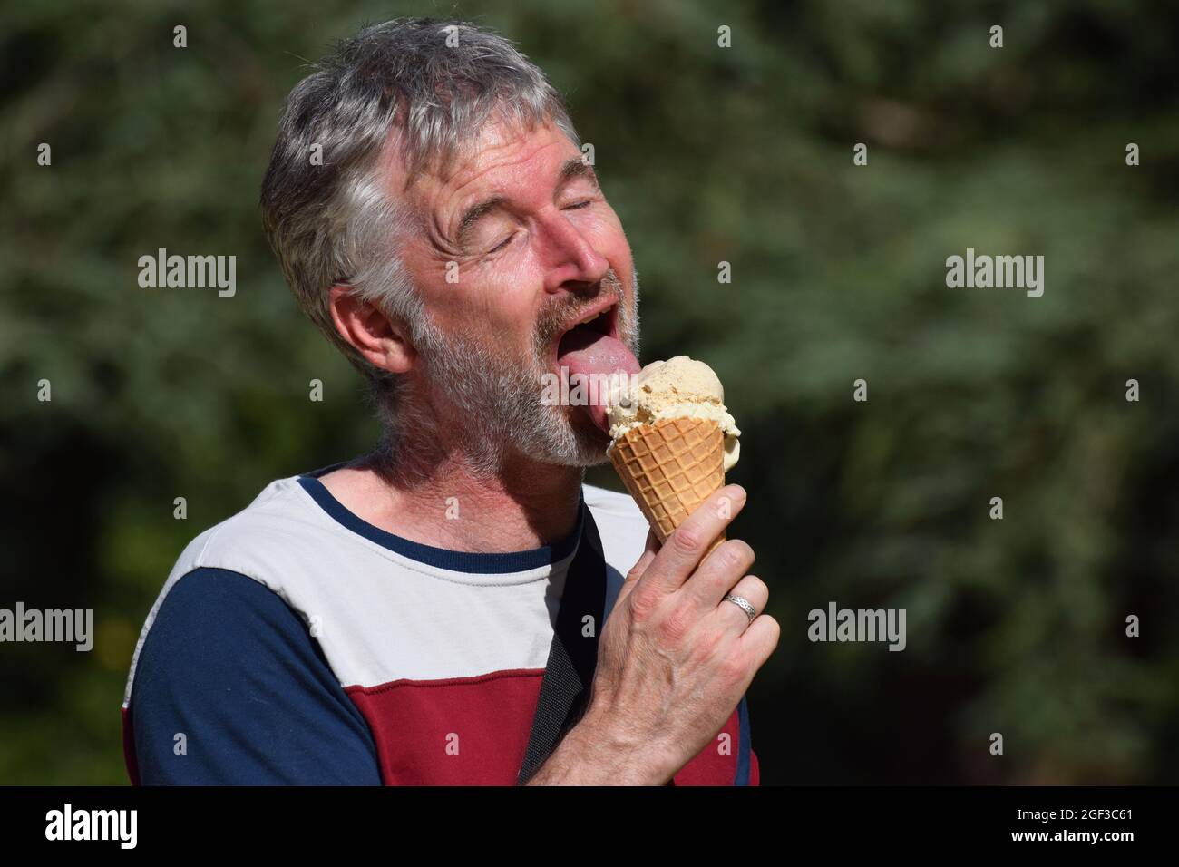 Middle aged British grey haired man in his fifties eating an ice cream cone Stock Photo