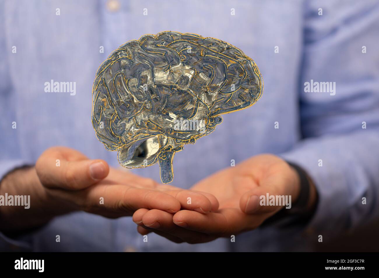 3D human brain icon above a male's hands Stock Photo - Alamy