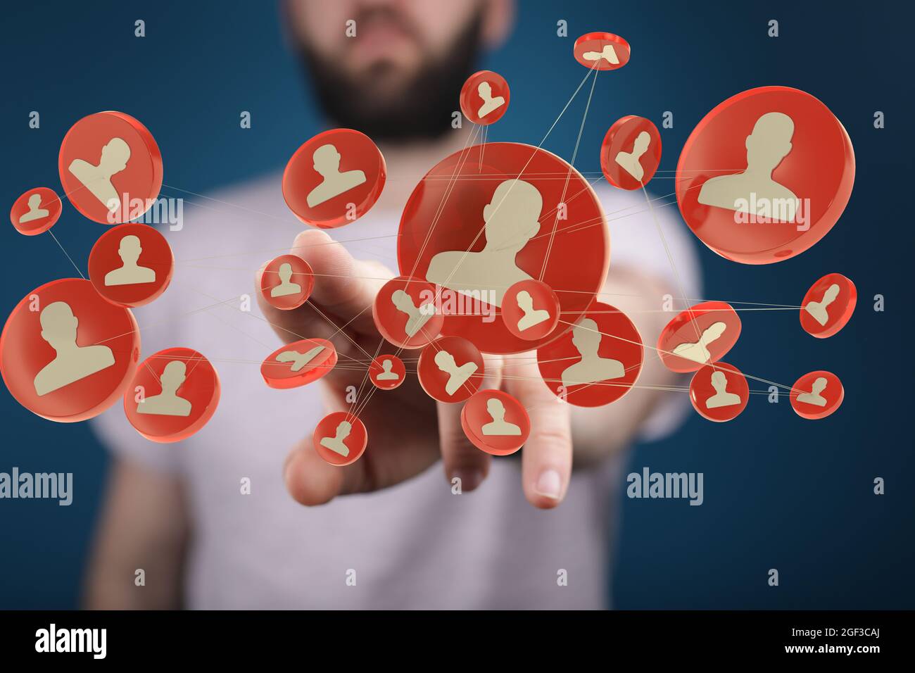 Male's hand touching floating 3D networking signs Stock Photo