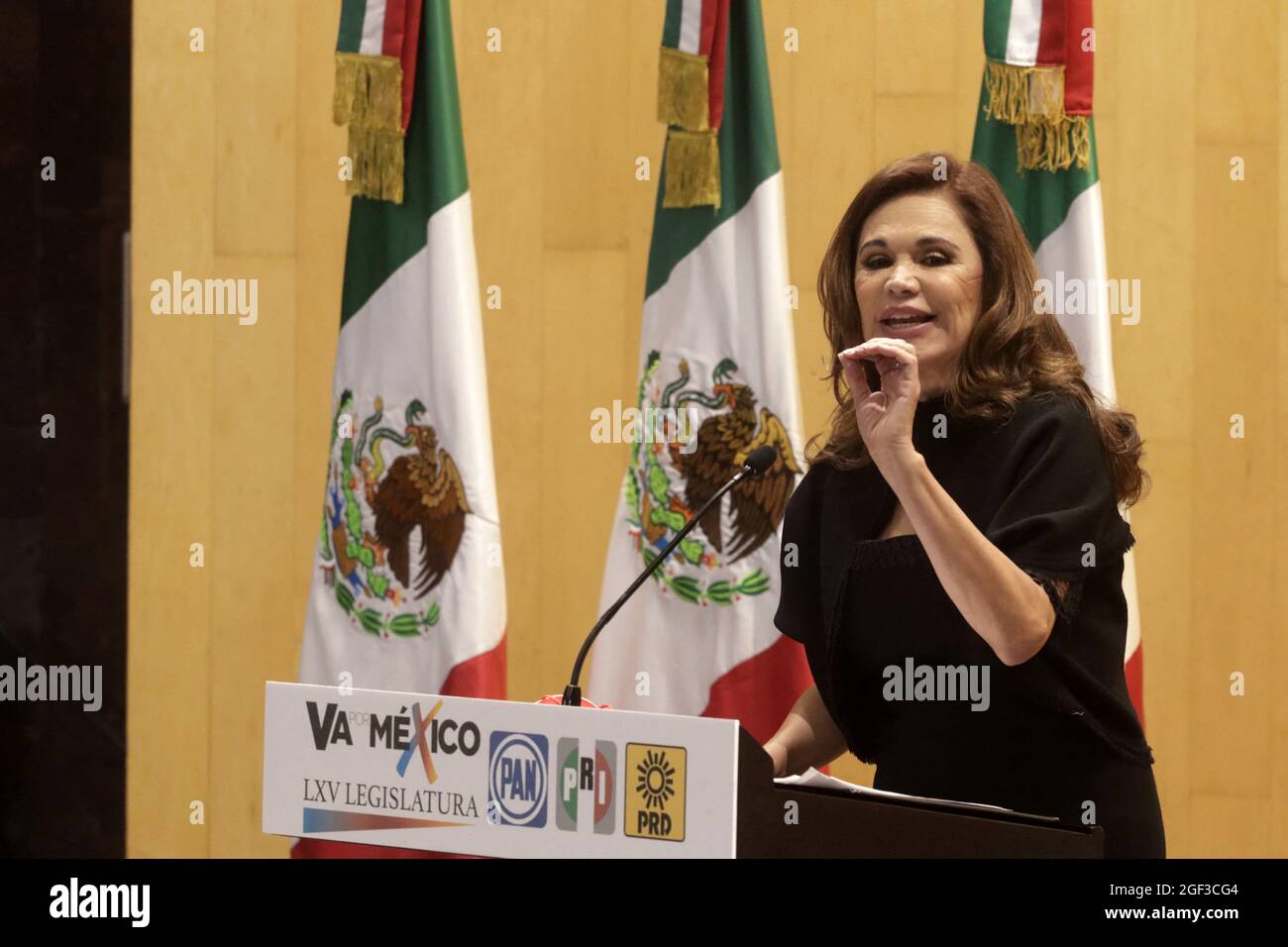 Blanca Alcala, elected legislator of the Institutional Revolutionary Party speaks during the presentation of the joint legislative and party agenda of the 'Va por México' coalition to confront from the Mexican Congress in the LXV Legislature the authoritarianism and populism of the president of Mexico, Andrés Manuel López Obrador. On August 21, 2021 in Mexico City, Mexico. Photo by Luis Barron/Eyepix/ABACAPRESS.COM Stock Photo