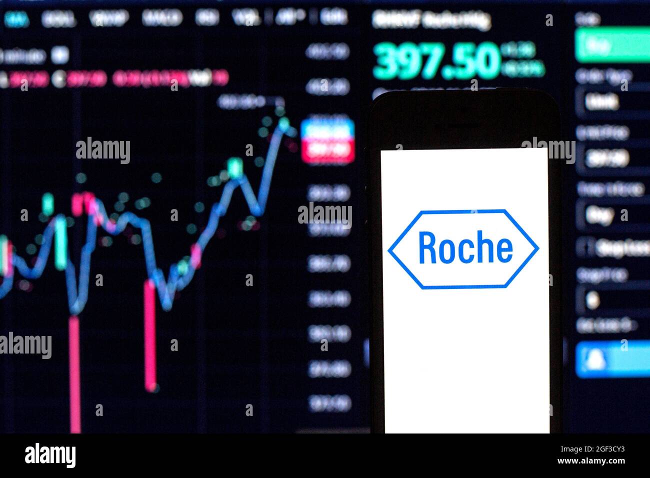 In this photo illustration a Hoffmann–La Roche logo seen displayed on a smartphone with the stock market information of Hoffmann–La Roche in the background. Stock Photo