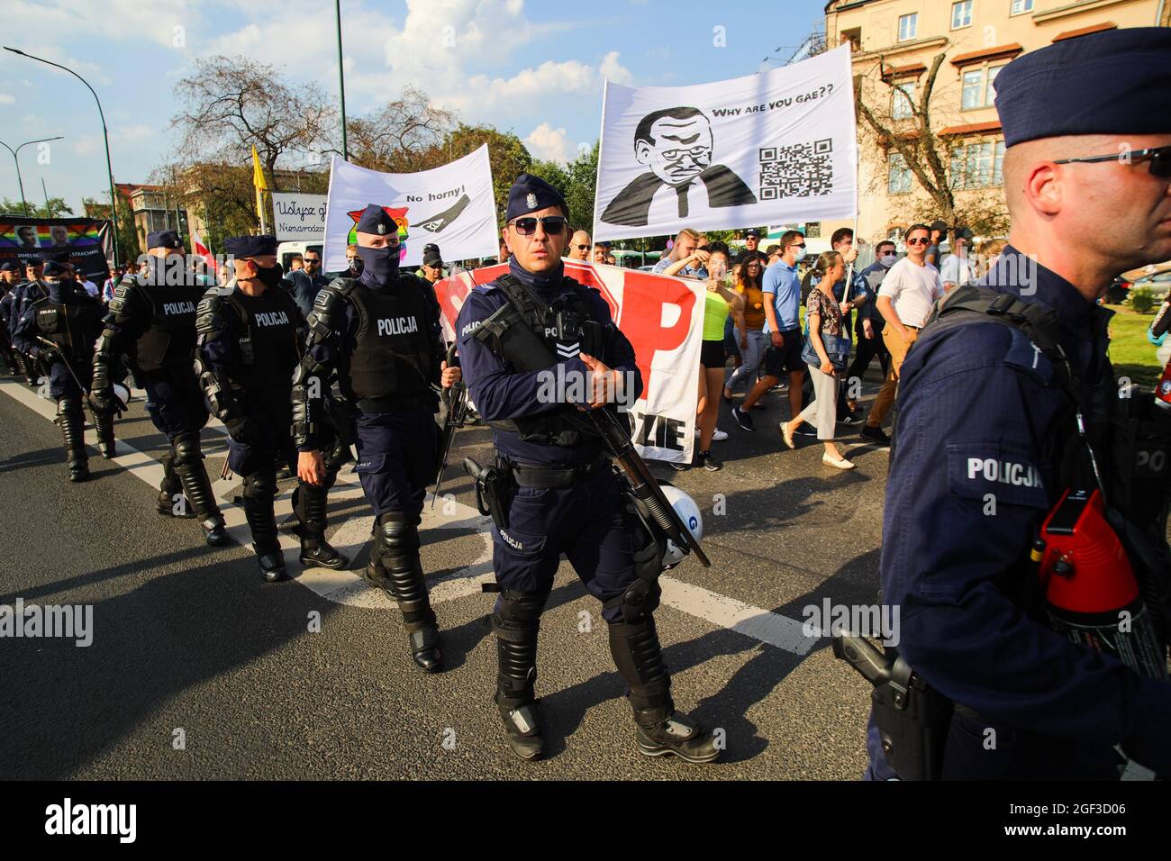 A riot policeman with with rubber bullet guns are seen separating march participants from the counter demonstration.  Annual Equality March also known Stock Photo