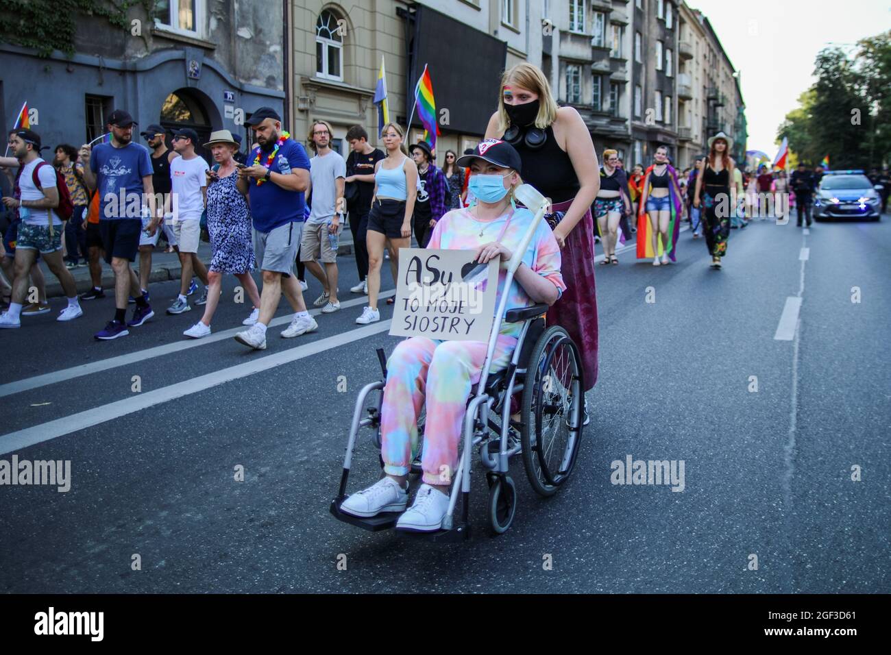 A participant on wheelchair is seen holding a placard saying 'Aces (Asexuals) are my sisters'.  Annual Equality March also known as 'Pride Parade'. Th Stock Photo