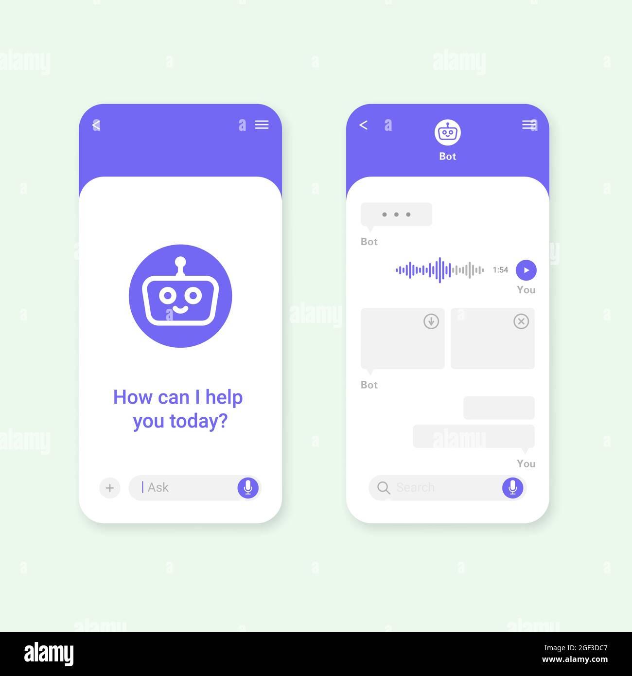 Chat bot mobile application dialog box template concept. UI UX elements Chat bot mobile application dialog box template concept. UI UX elements