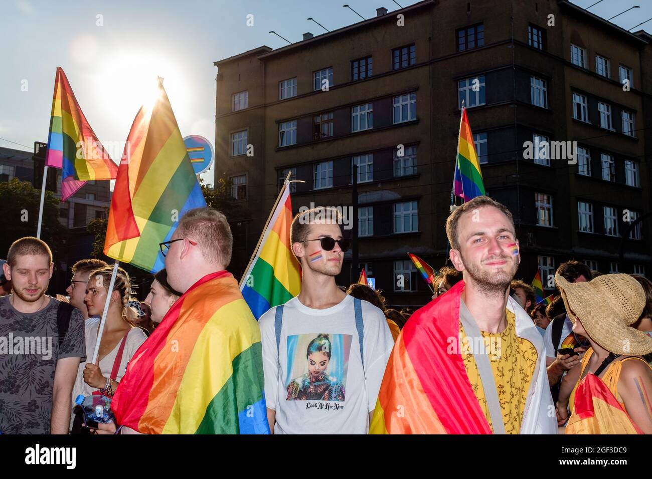 Members of Polish LGBTQ community are seen with rainbow flags during the march.  Annual Equality March also known as 'Pride Parade'. This year's march Stock Photo