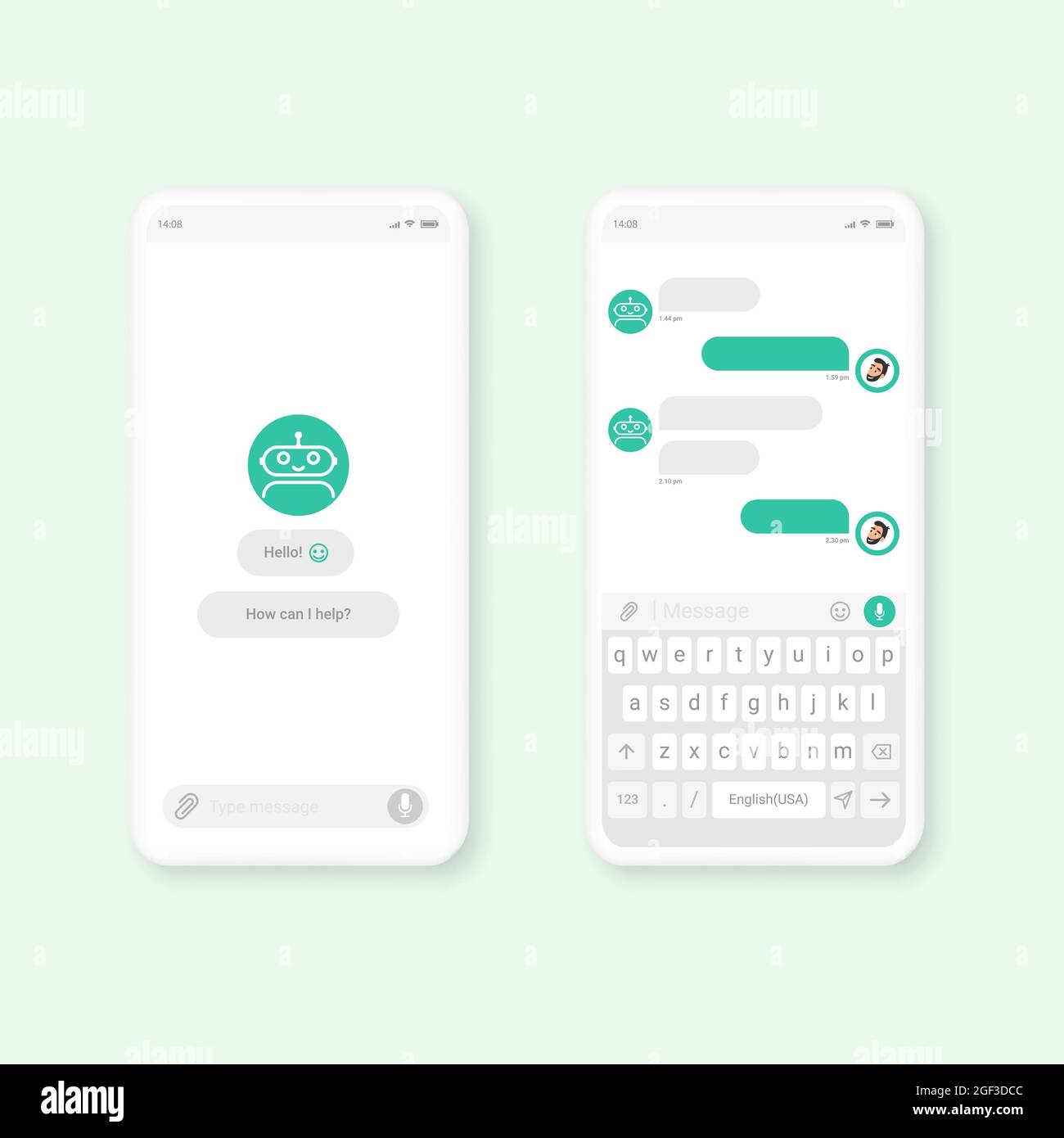 Chat bot mobile application dialog box template concept. UI UX elements ...