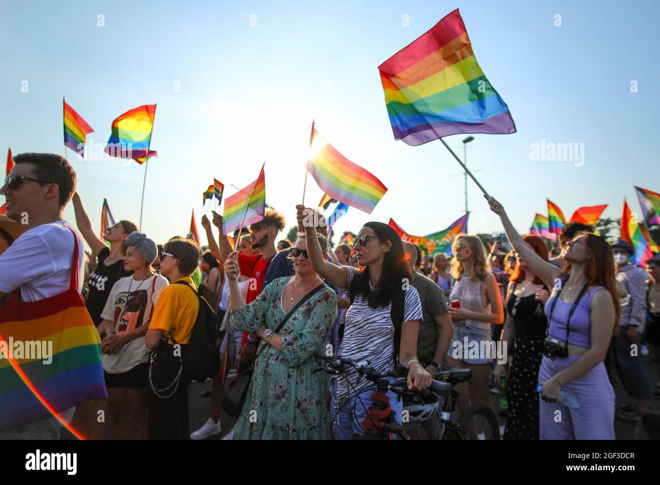 Members of Polish LGBTQ community are seen with rainbow flags during the march.  Annual Equality March also known as 'Pride Parade'. This year's march Stock Photo