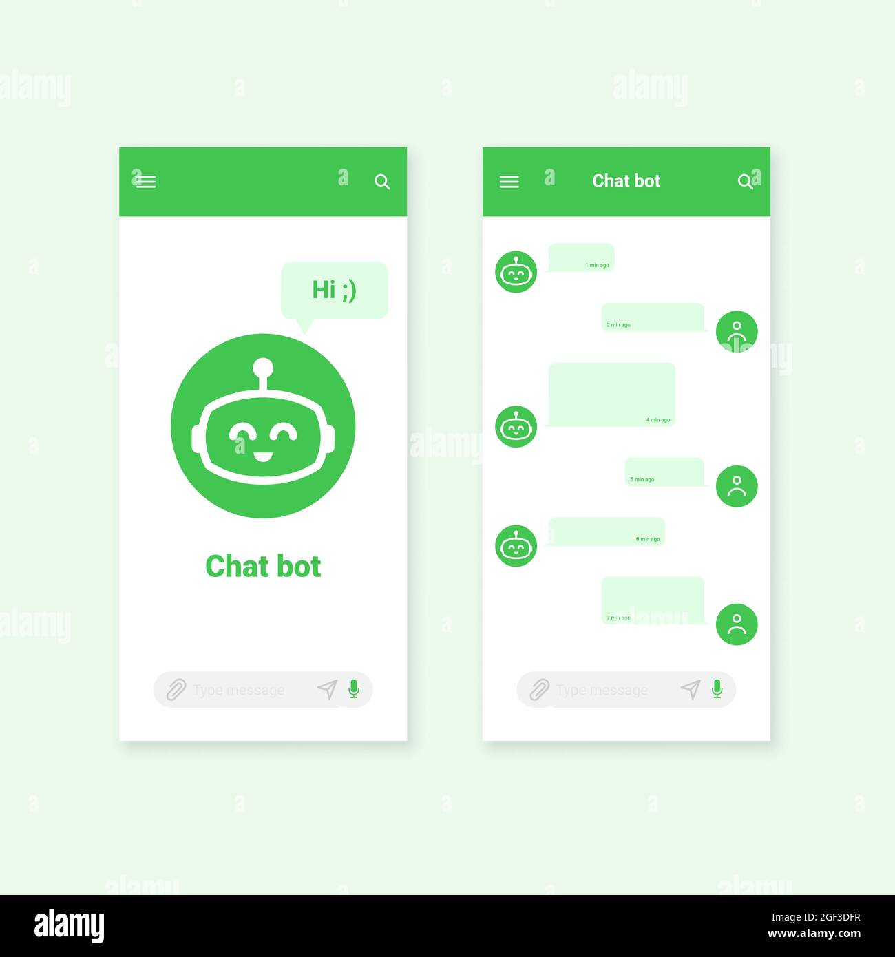 Chat bot mobile application dialog box template concept. UI UX elements ...