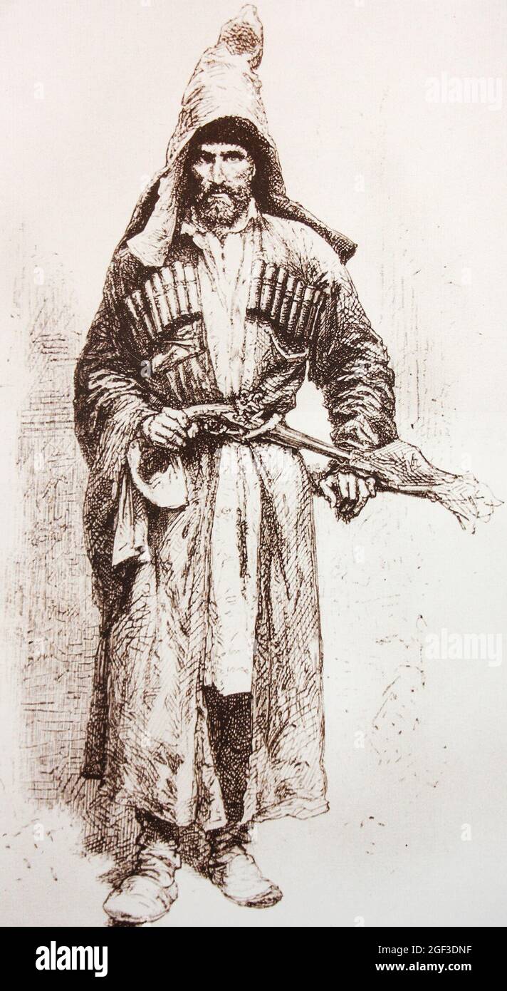Caucasian migrant Muhajir. Engraving from 1873. Stock Photo