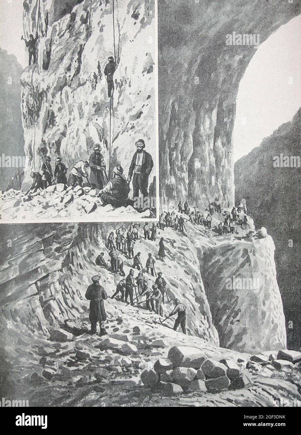 Construction of a water supply system in Gagra and laying a road on Mzymta. Engraving 1908. Stock Photo