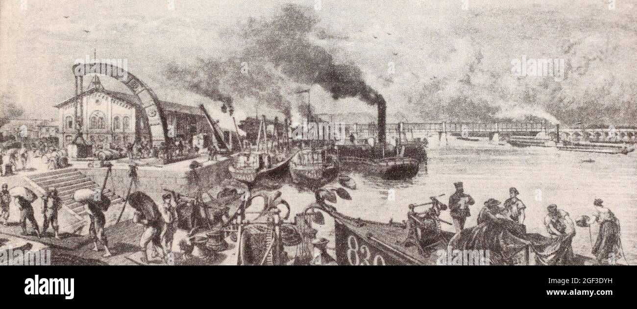 Pier in Vienna. Engraving from 1880. Stock Photo