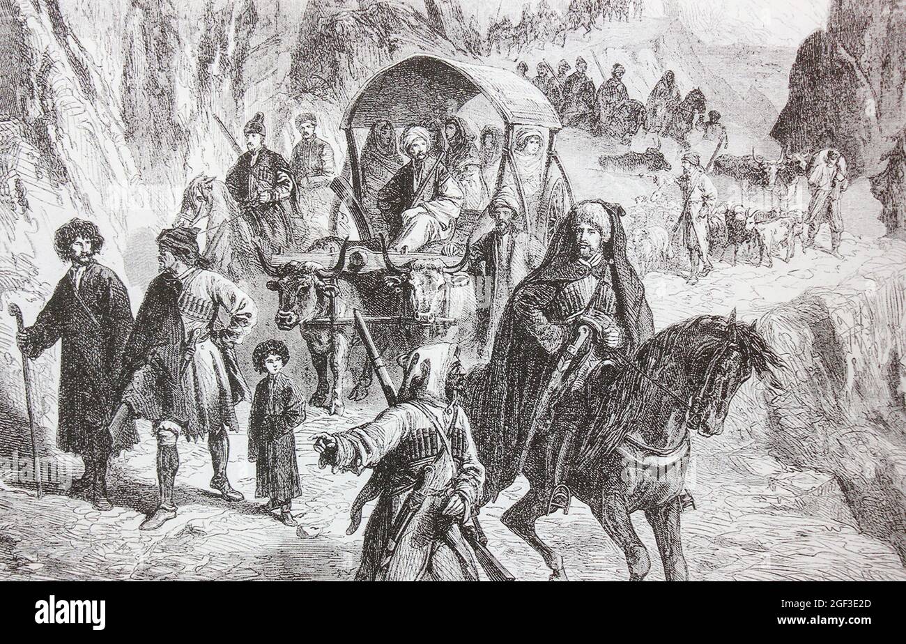 The Circassian tribe leaves their mountains heading for Turkey as a result of the capture of their country by Russia. Stock Photo