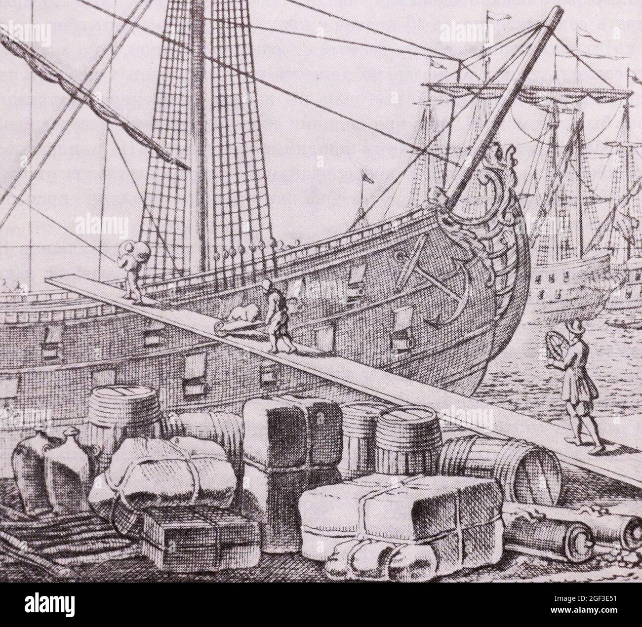 Unloading of foreign ships in Arkhangelsk. The engraving of the 18th century. Stock Photo