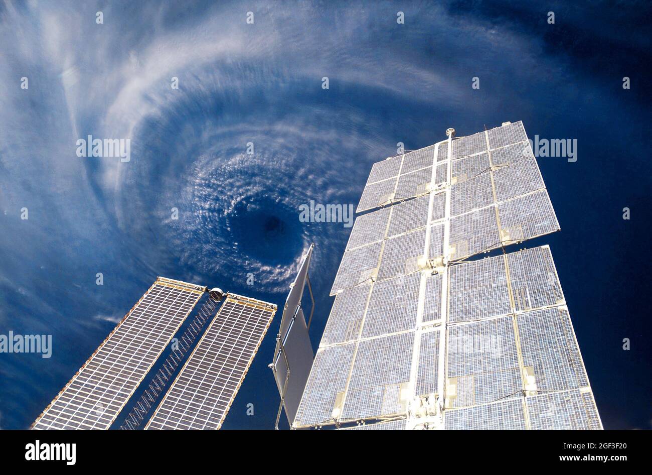 Category 5 super typhoon from deep space view. The eye of the hurricane. Spaceship monitoring a climate on the planet Earth Stock Photo