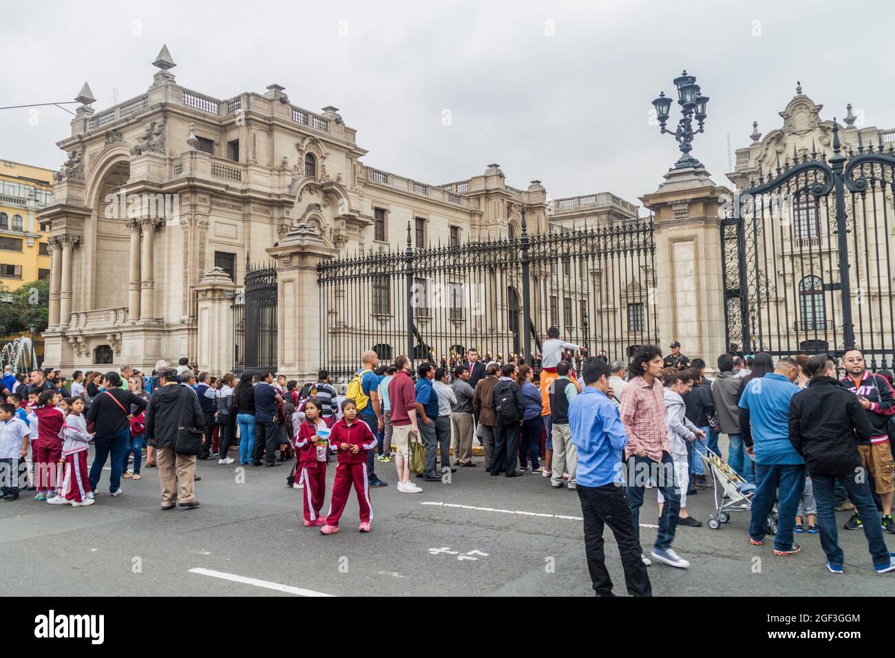 LIMA, PERU - JUNE 4, 2015: People watch changing the guards in front of Palacio de Gobierno (Government palace) in Lima, Peru. Stock Photo