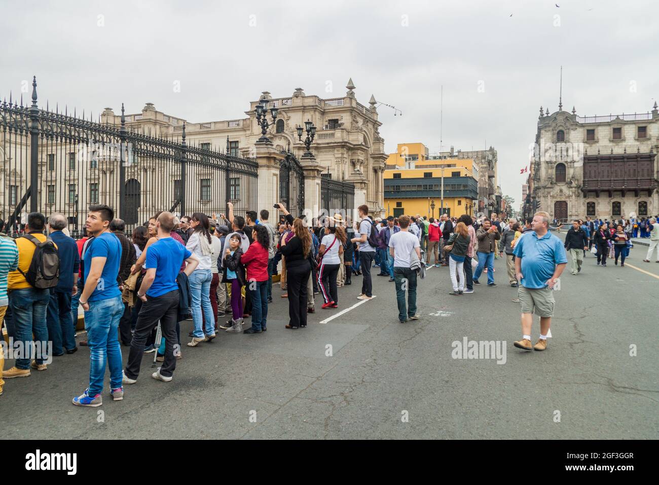 LIMA, PERU - JUNE 4, 2015: People watch changing the guards in front of Palacio de Gobierno (Government palace) in Lima, Peru. Stock Photo