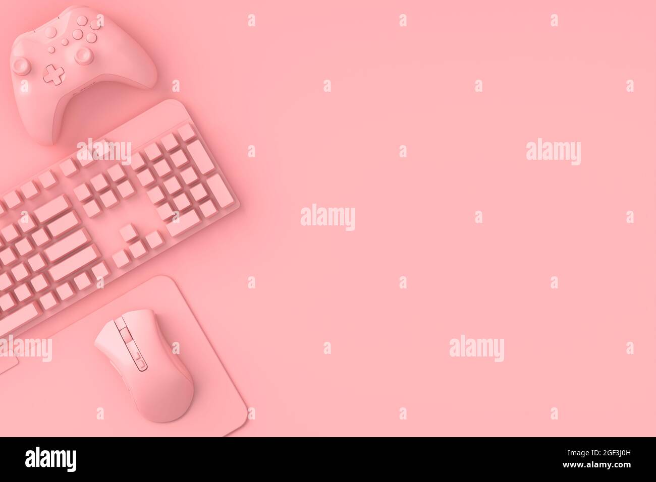 Top view of gamer workspace and gear like mouse, keyboard, joystick