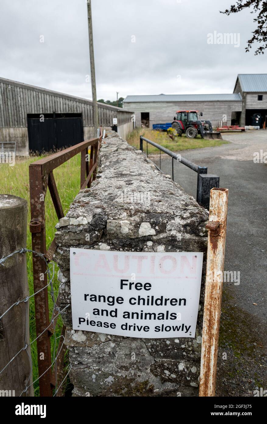 Caution, Free Range Children and Animals Divie Slowly. Stock Photo