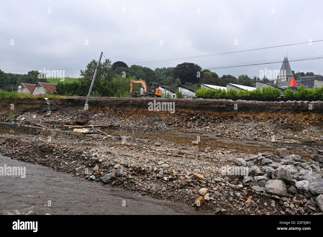Illustration shows a visit to a site where workers are repairing damaged train tracks in Pepinster, Monday 23 August 2021. Last month's floods devasta Stock Photo