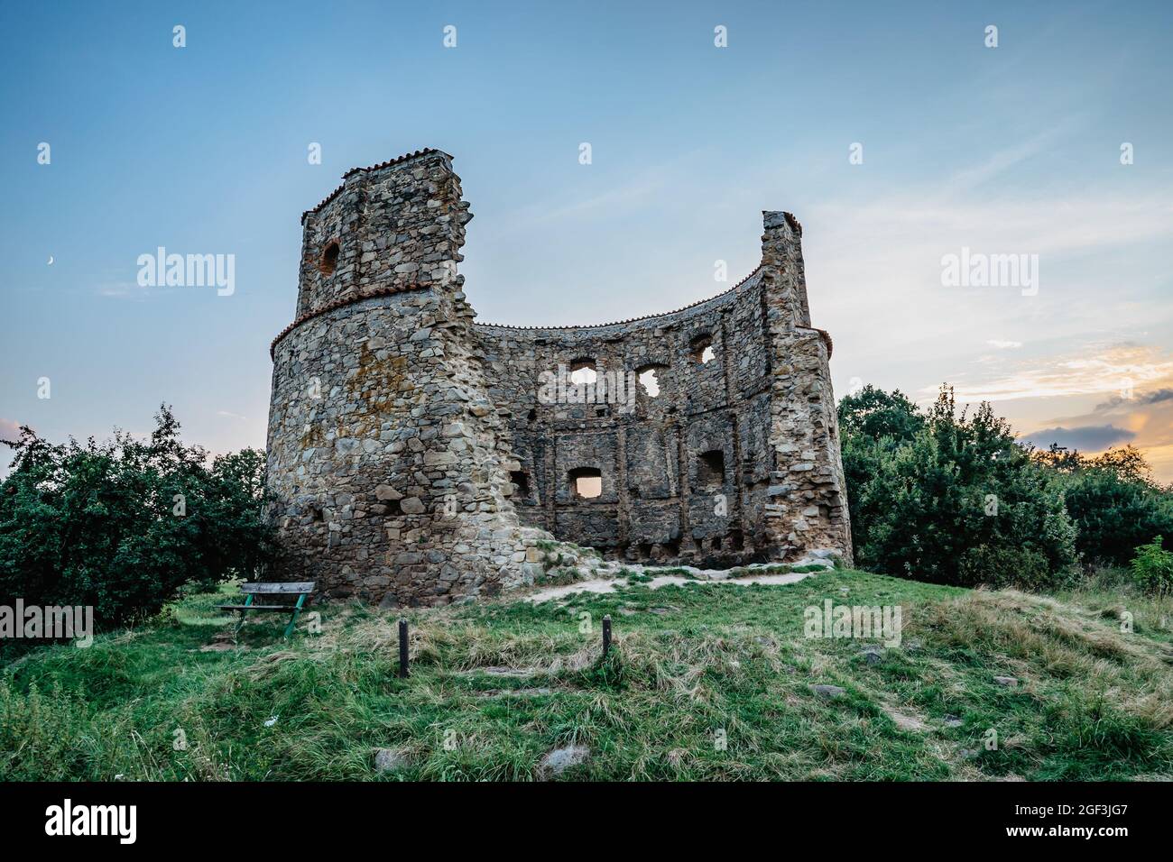 Rural old windmill Pricovy built in 18th century,beautiful and large Dutch-type mill in Czech Republic.Technical monument in Czech countryside.Ruins Stock Photo