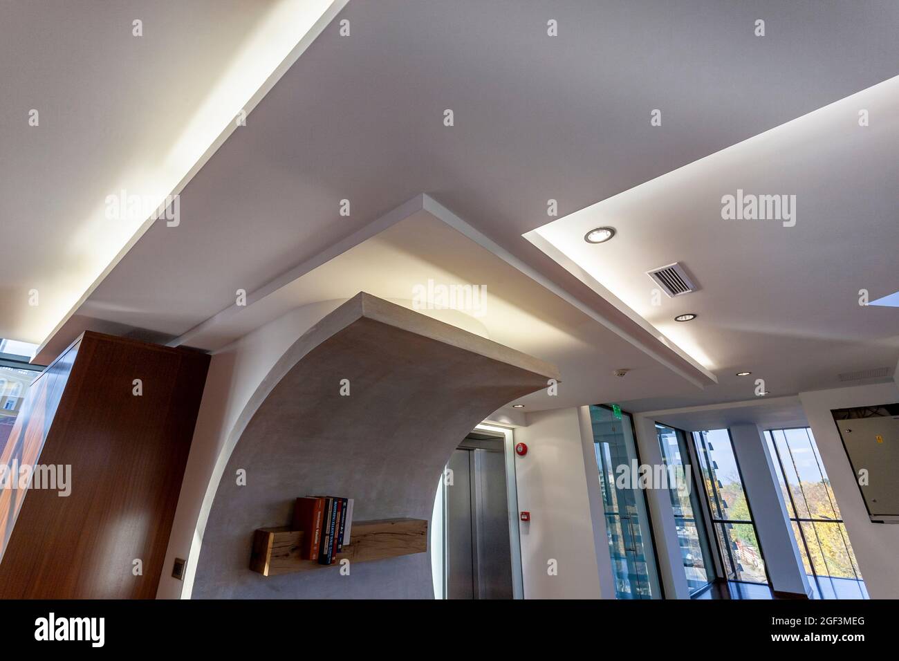 Modern office interior design, geometric shapes, artistic construction ...