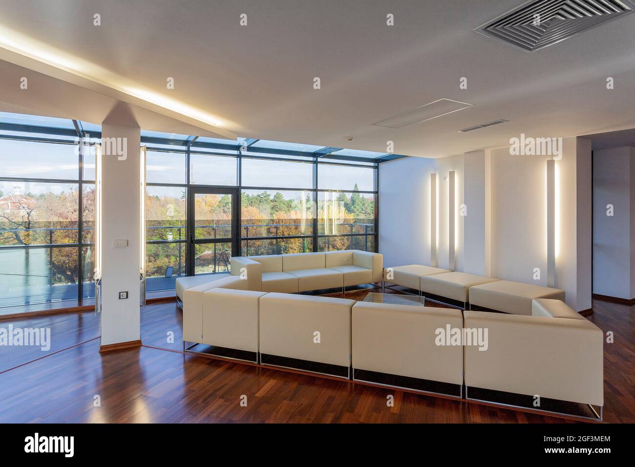 Modern office interior design, geometric shapes, artistic construction ...