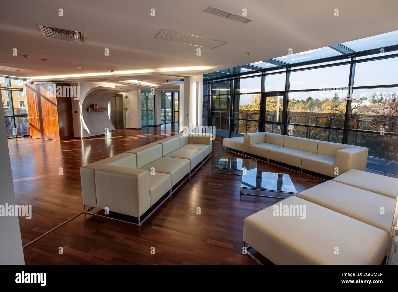 Modern office interior design, geometric shapes, artistic construction ...