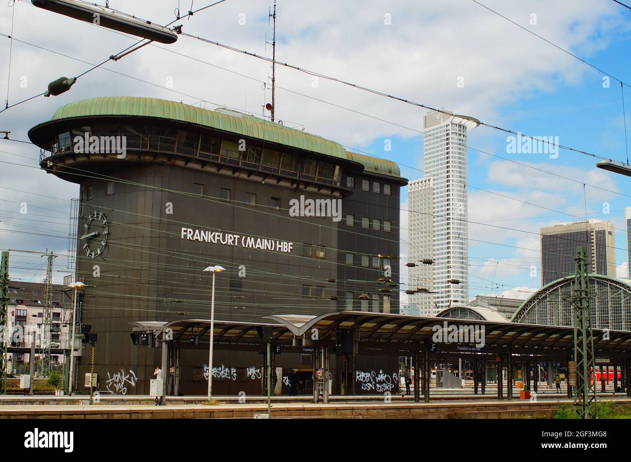 FRANKFURT, GERMANY - Aug 20, 2021: Signal tower of Frankfurt Central station. Towers of Westend 1 and FBC in background. Stock Photo