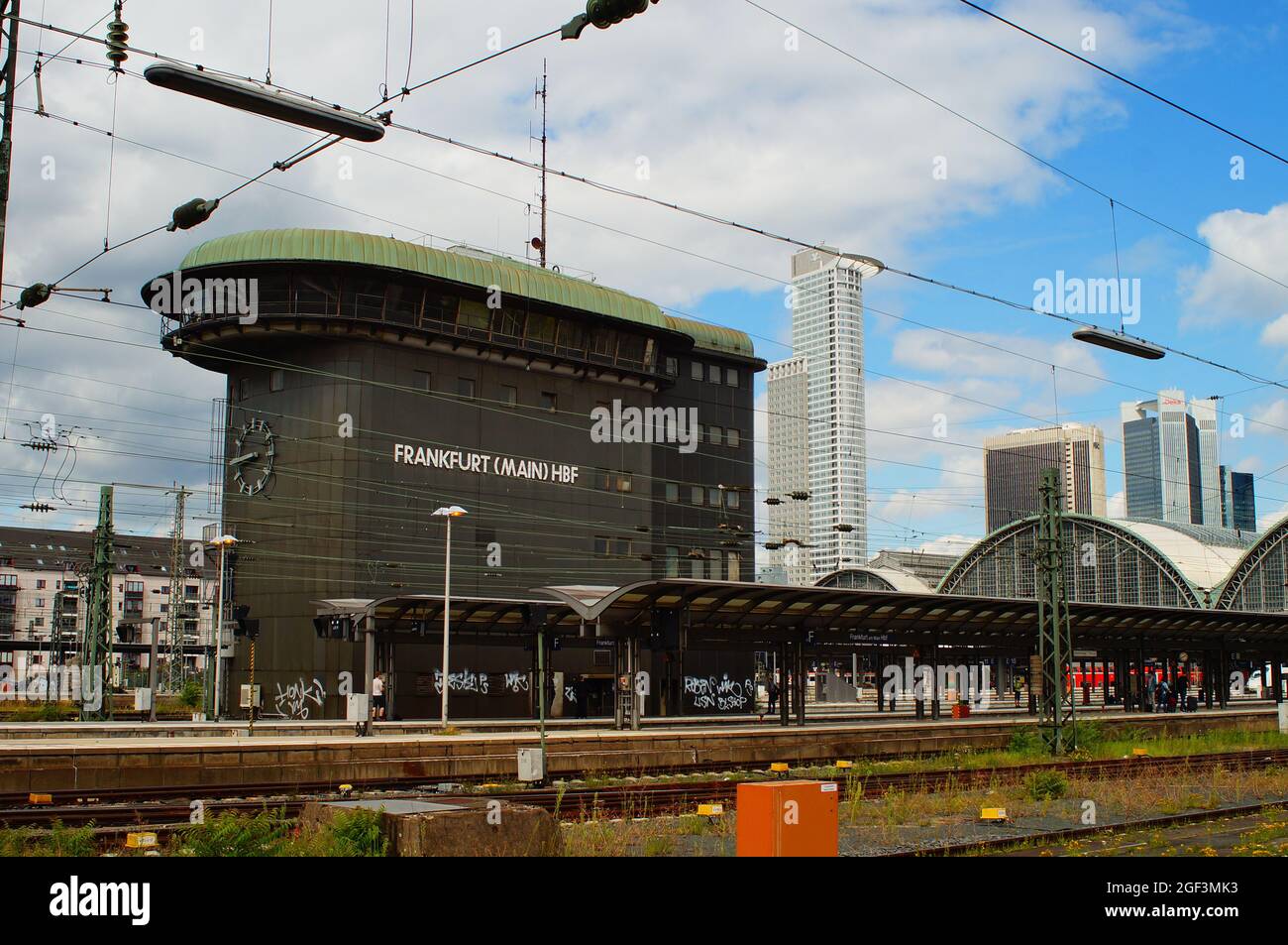 FRANKFURT, GERMANY - Aug 20, 2021: Signal tower of Frankfurt Central station. Towers of Westend 1 and FBC in background. Stock Photo