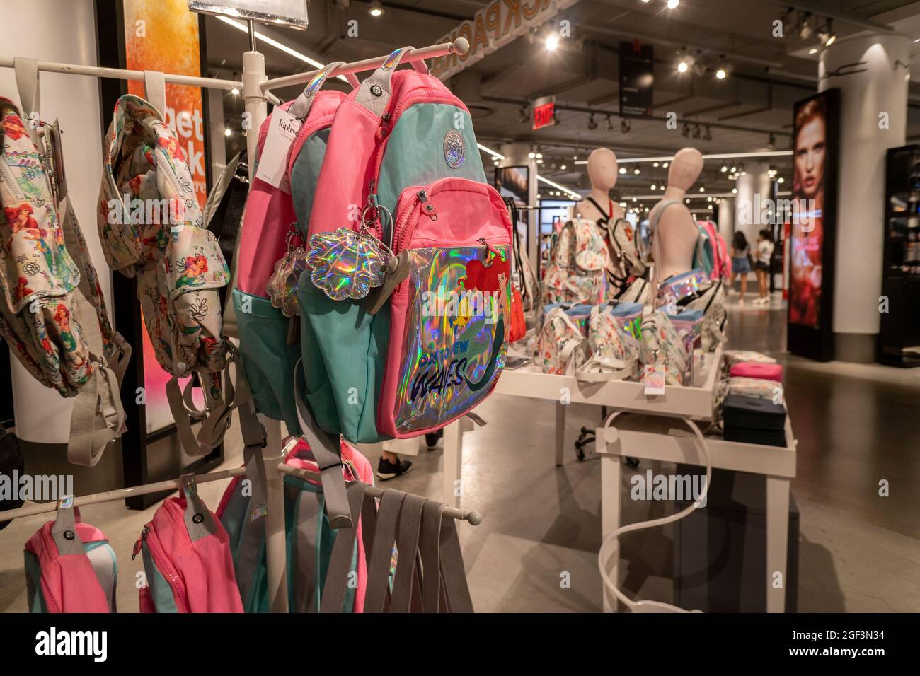 A display of backpacks for back to school in Macy s Herald Square