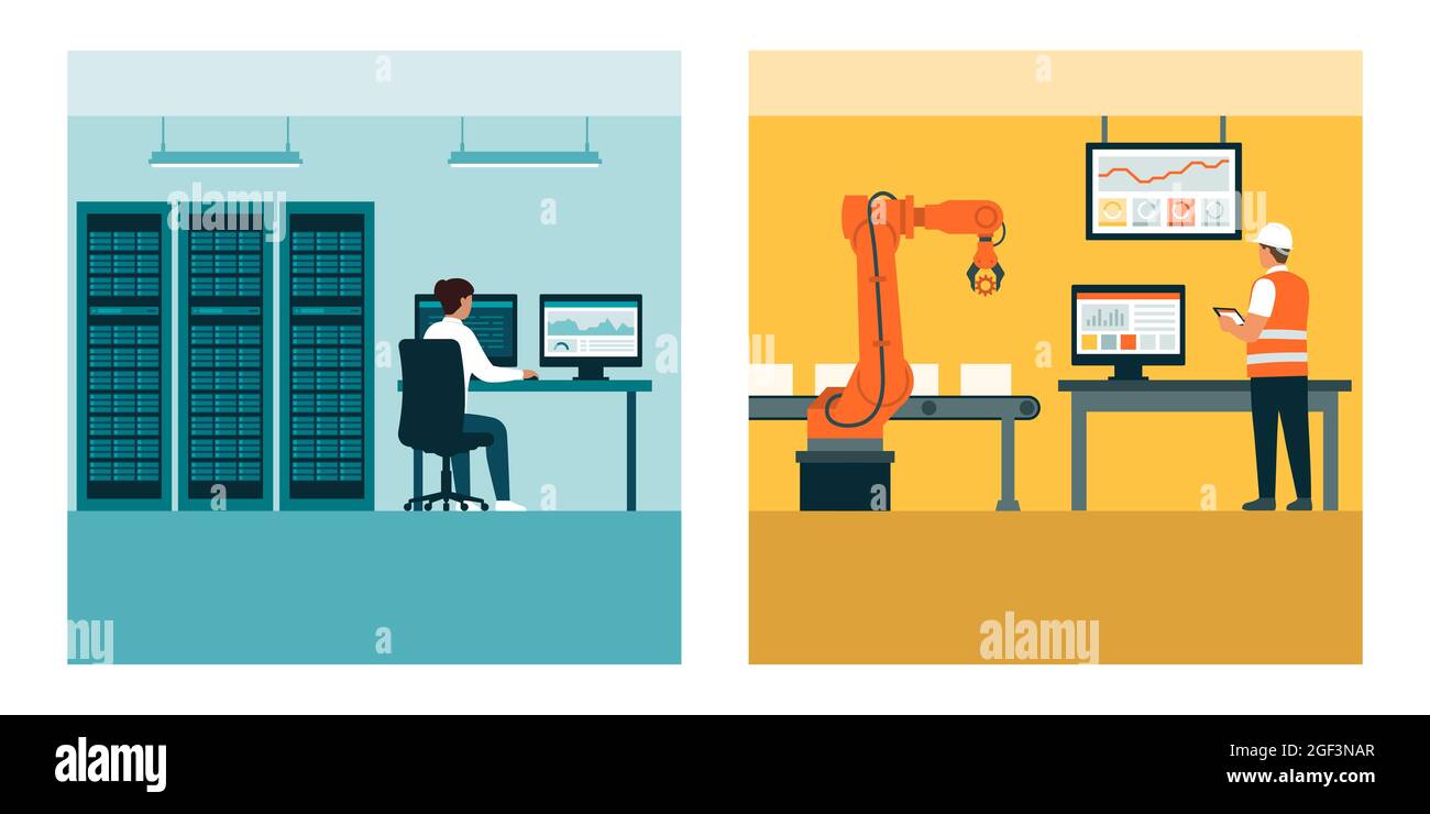 Information technology and operational technology: IT architect and control engineer at work Stock Vector