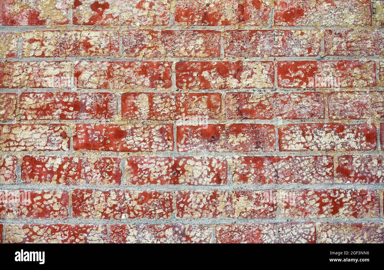 Old dirty brick wall with peeling paint. Stock Photo