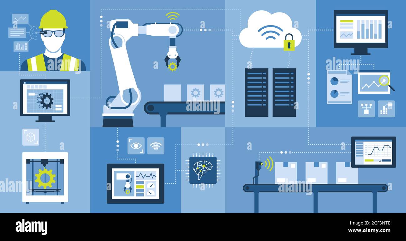 Industry 4.0: automation, industrial IOT, innovative production process and technology Stock Vector