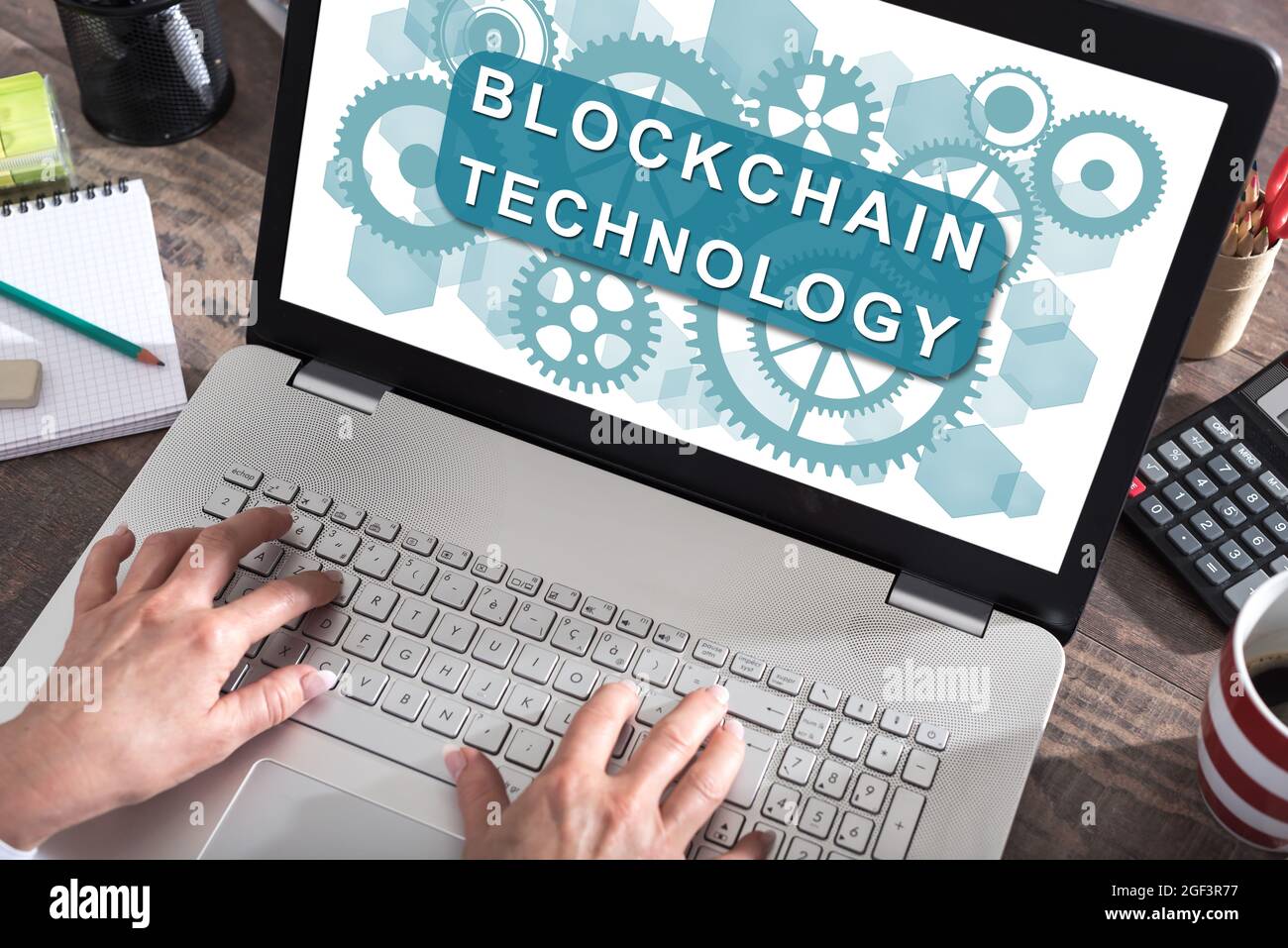 Blockchain technology concept shown on a laptop screen Stock Photo