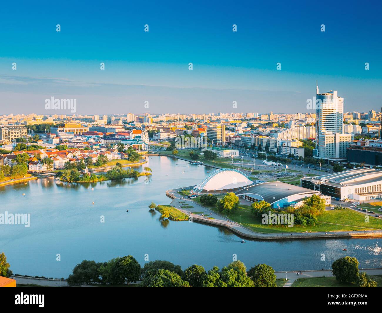 Minsk, Belarus. Cityscape of Minsk, Belarus. Summer season, sunset time. Nemiga district. Stock Photo