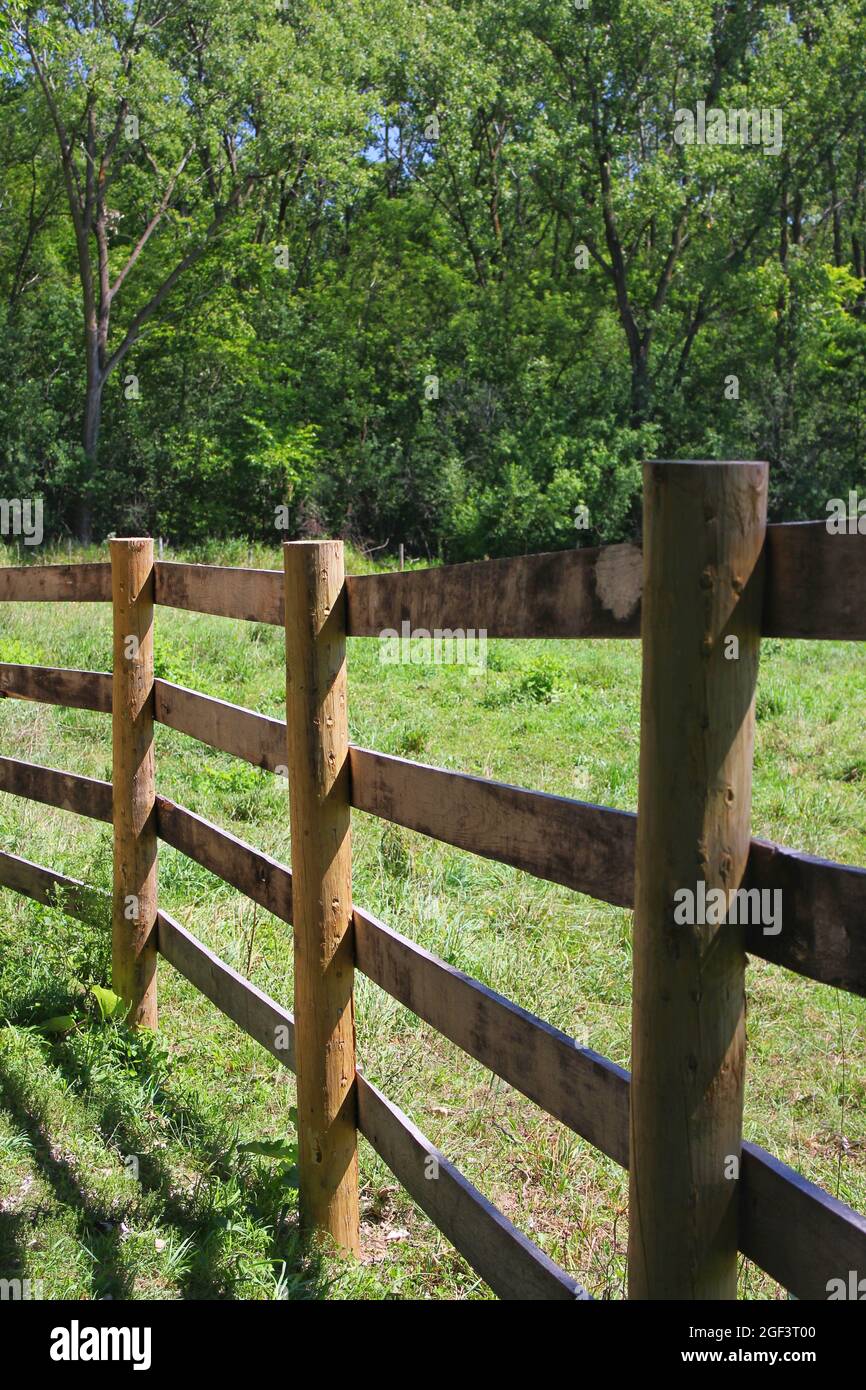 Traditional wooden boundary fence crossing a farm field on a bright ...