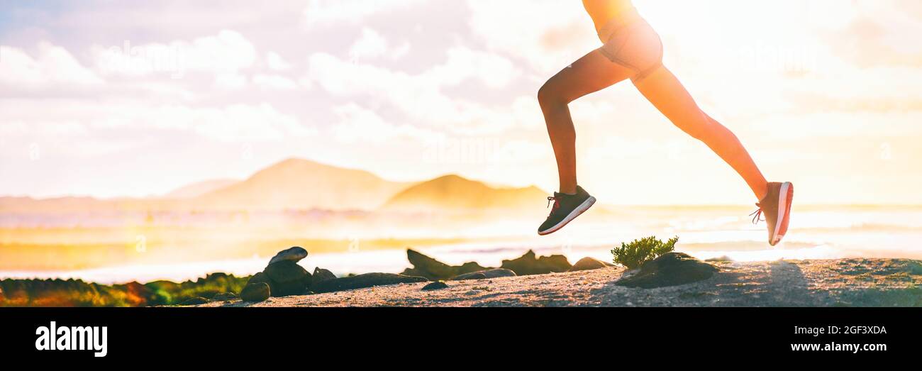 Running legs silhouette of runner woman trail running on ultra mountain  race on beach landscape panoramic banner. Sprinting athlete panorama Stock  Photo - Alamy
