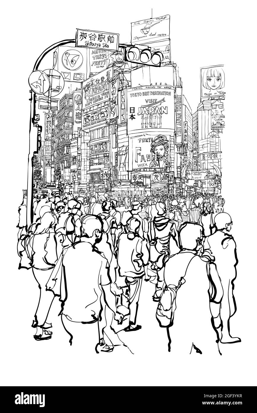 TOKYO, famous Shibuya crossroad - Vector illustration (all advertisements are fake) Meaning of Japanese caracters: Japan; Shibuya; happiness; love; fr Stock Vector