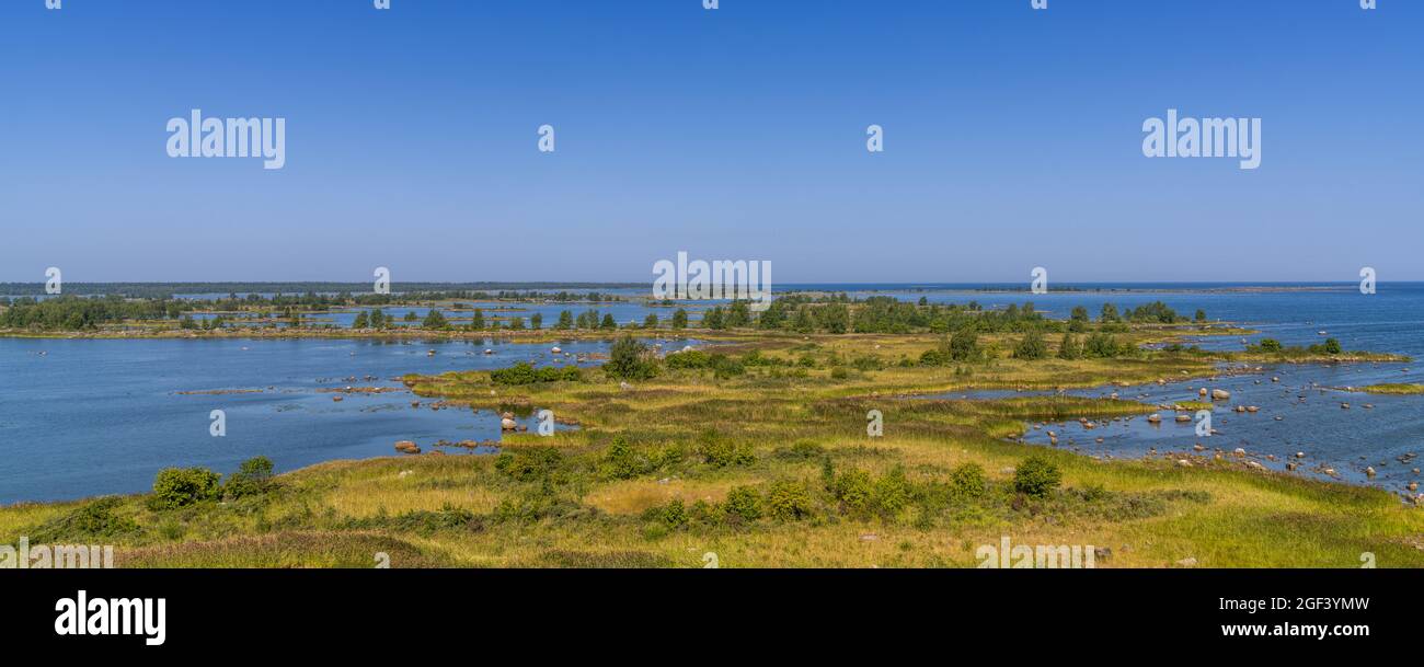 A panorama view of the coastal islands of the Kvarken Archipelago under a blue sky Stock Photo