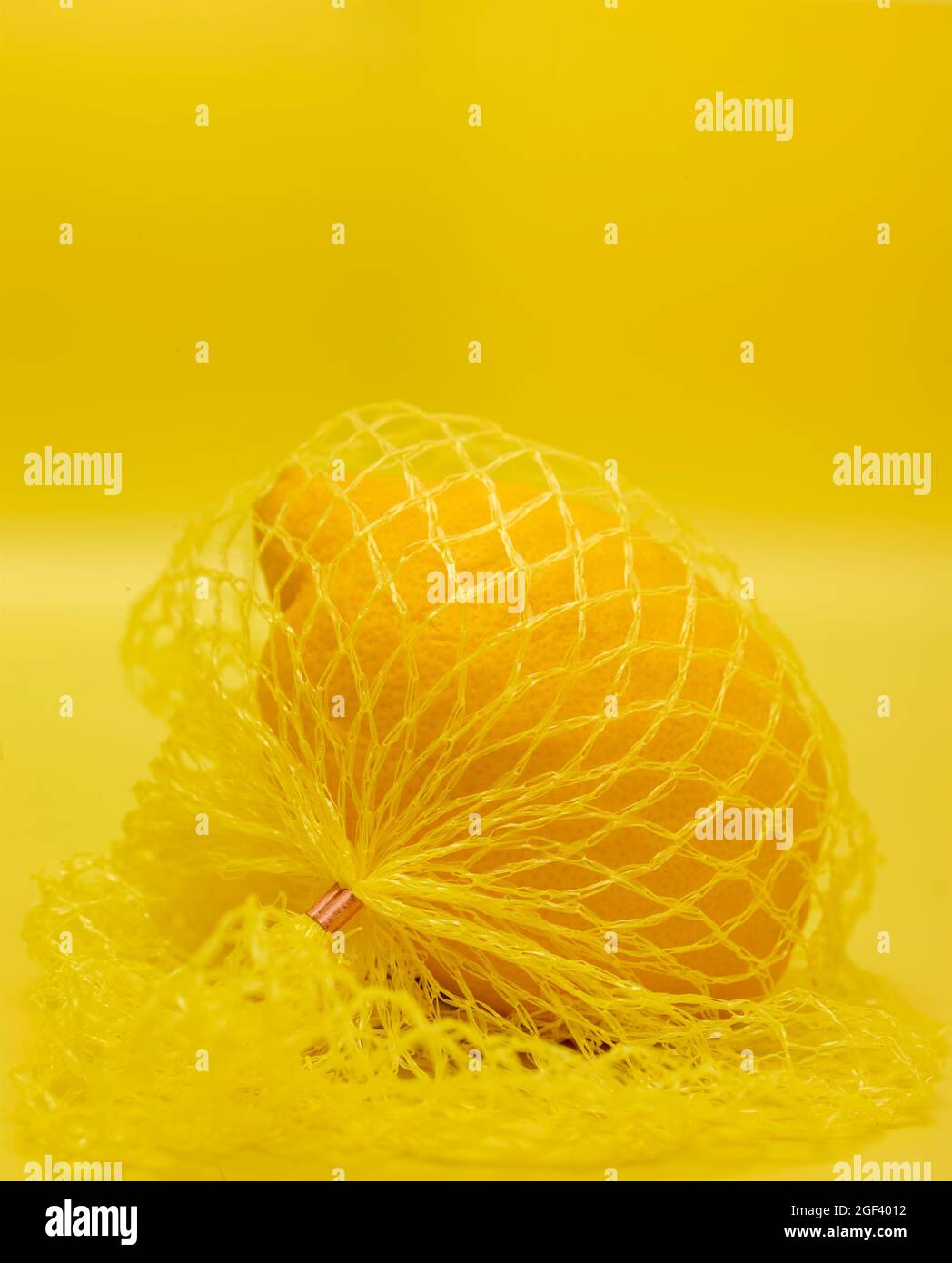Lemon in string bag against yellow background in close-up. Food ...