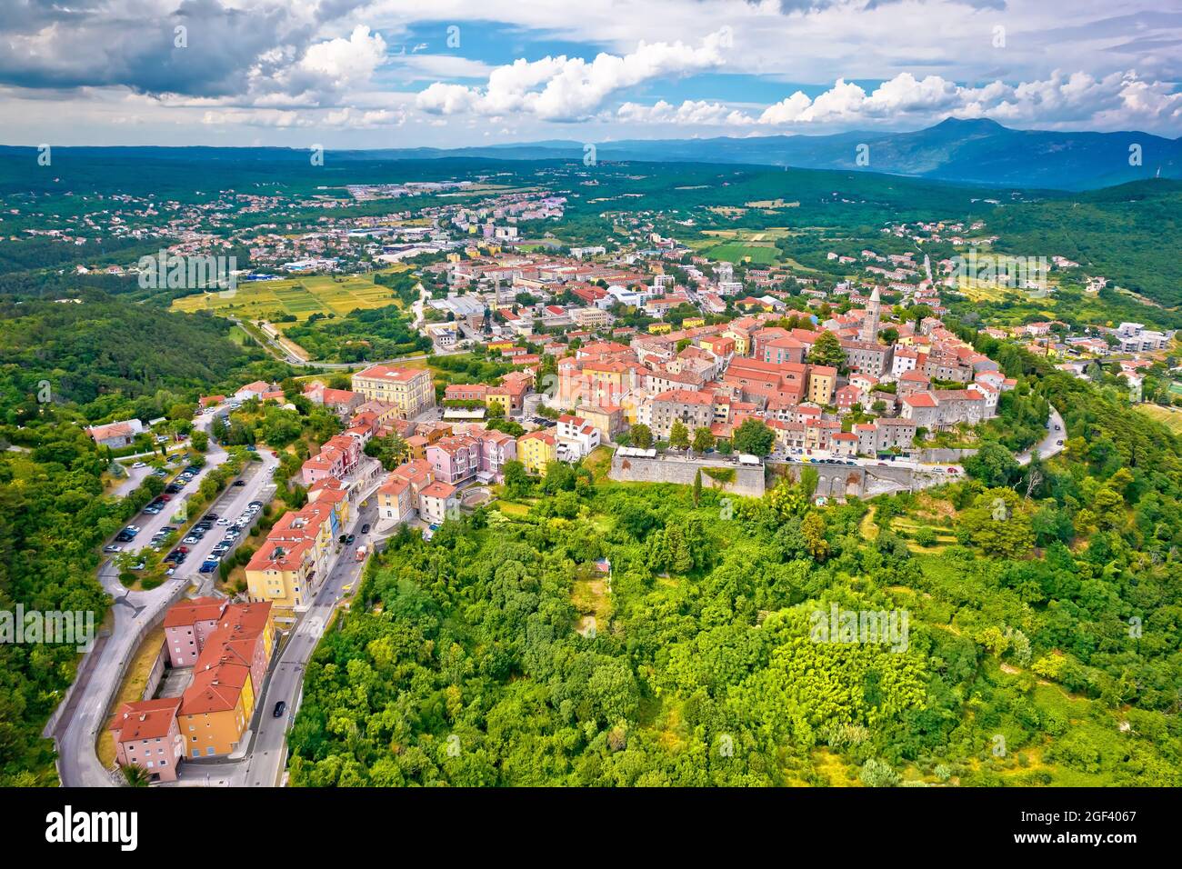 Historic town of Labin on picturesque hill aerial view, Istria region of Croatia Stock Photo