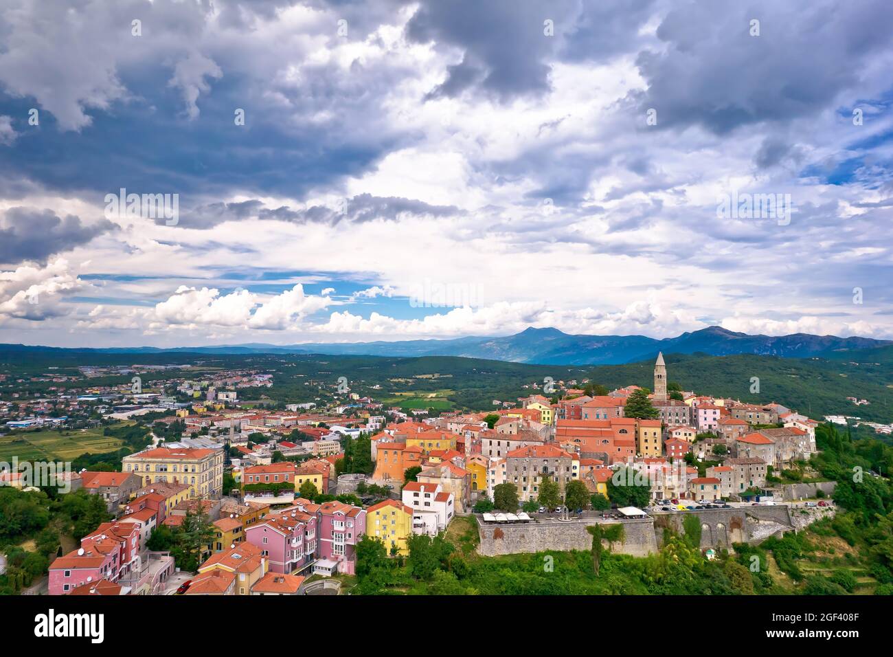 Historic town of Labin on picturesque hill aerial view, Istria region of Croatia Stock Photo